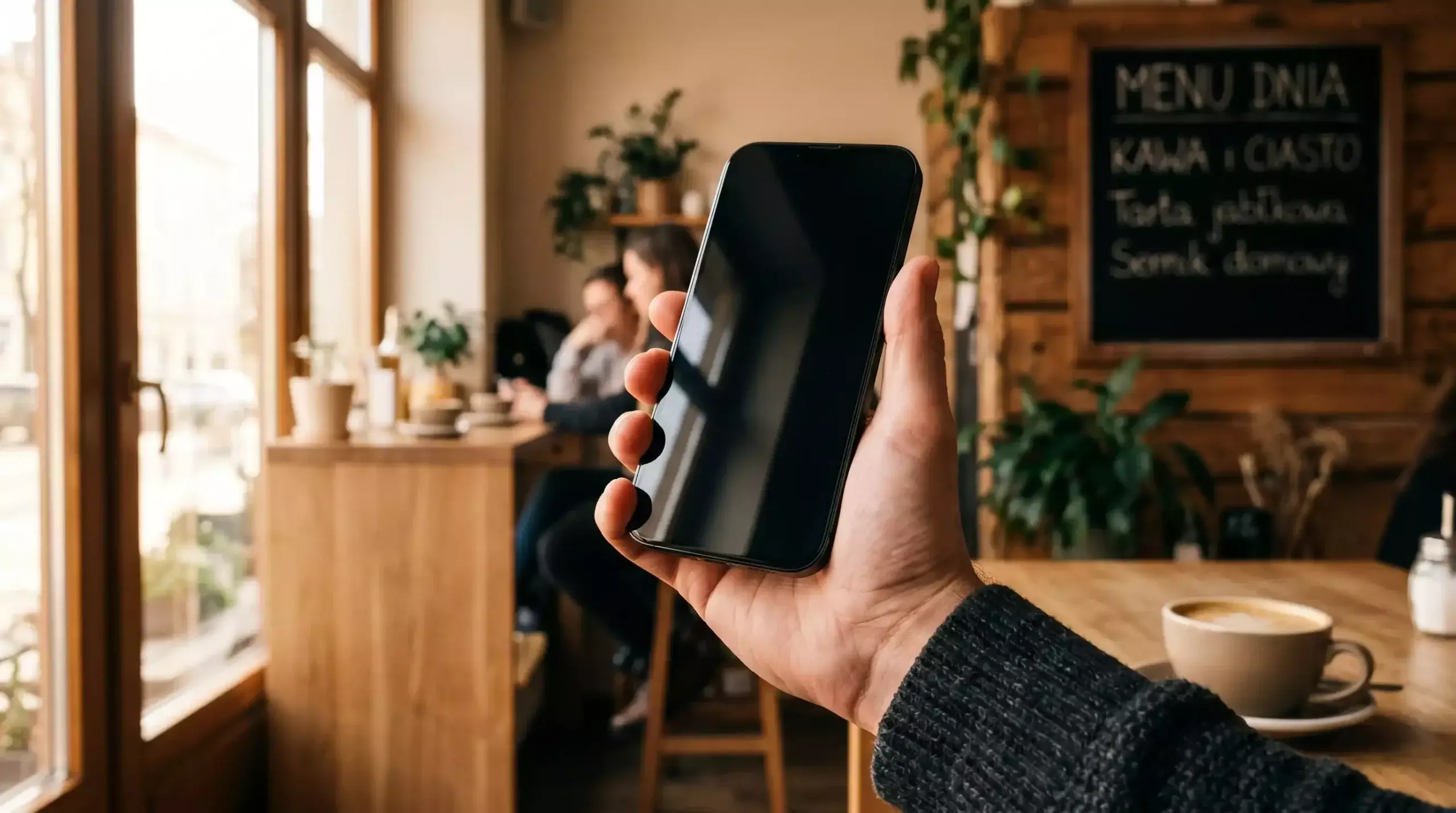 Dłoń trzymająca smartfon nad lekko rozmazanym blatem polskiej kawiarni