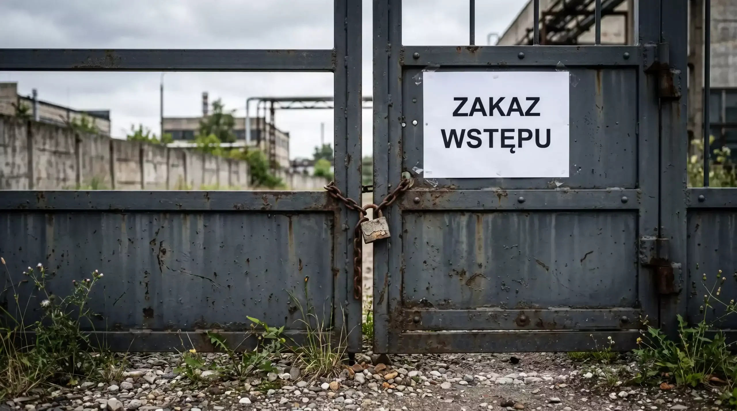 Zamknięta brama metalowa z polskim napisem zakaz wstępu w przemysłowej scenerii
