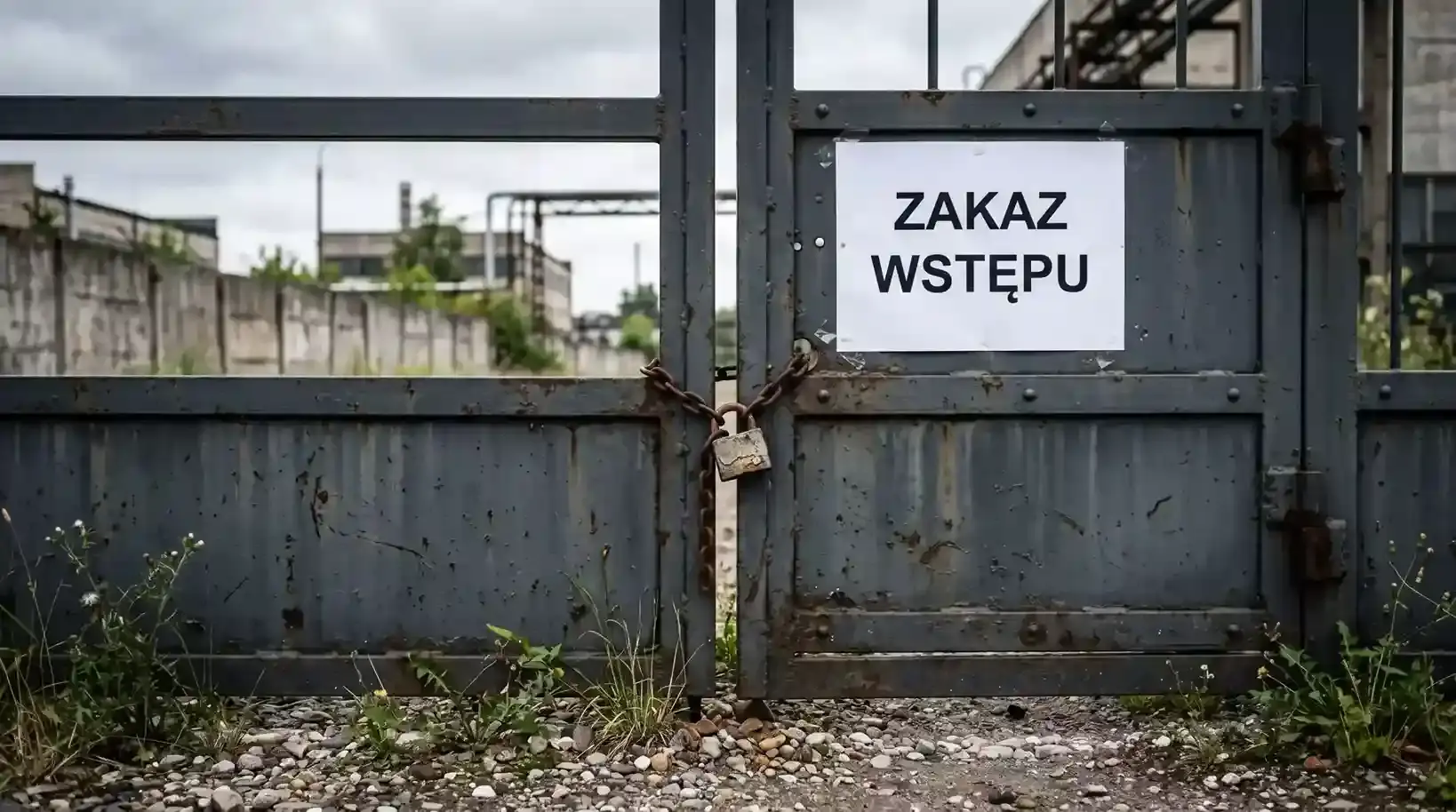 Zamknięta brama metalowa z polskim napisem zakaz wstępu w przemysłowej scenerii