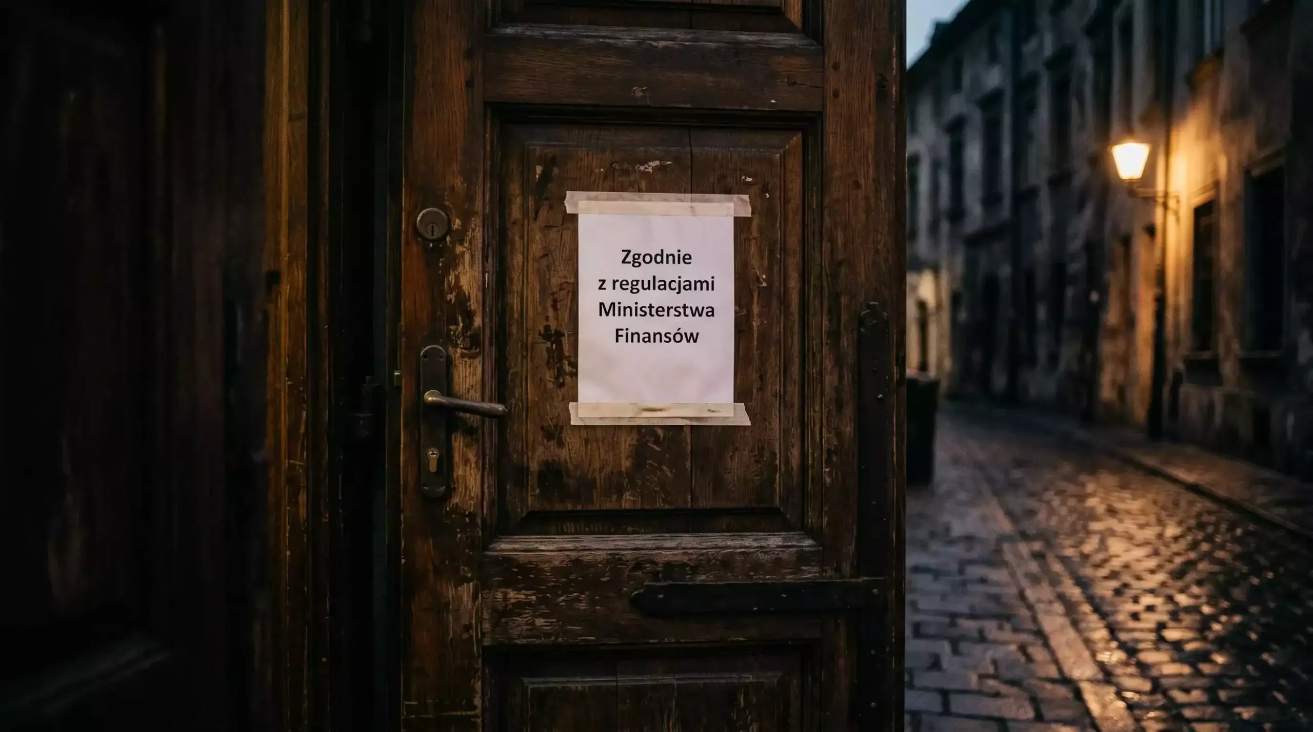 Zamknięte drzwi polskiego punktu bukmacherskiego z napisem o regulacjach Ministerstwa Finansów