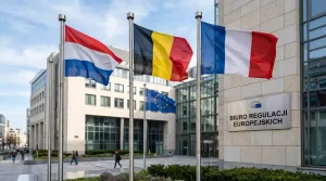 Flagi Holandii, Belgii i Francji powiewające obok flagi Unii Europejskiej