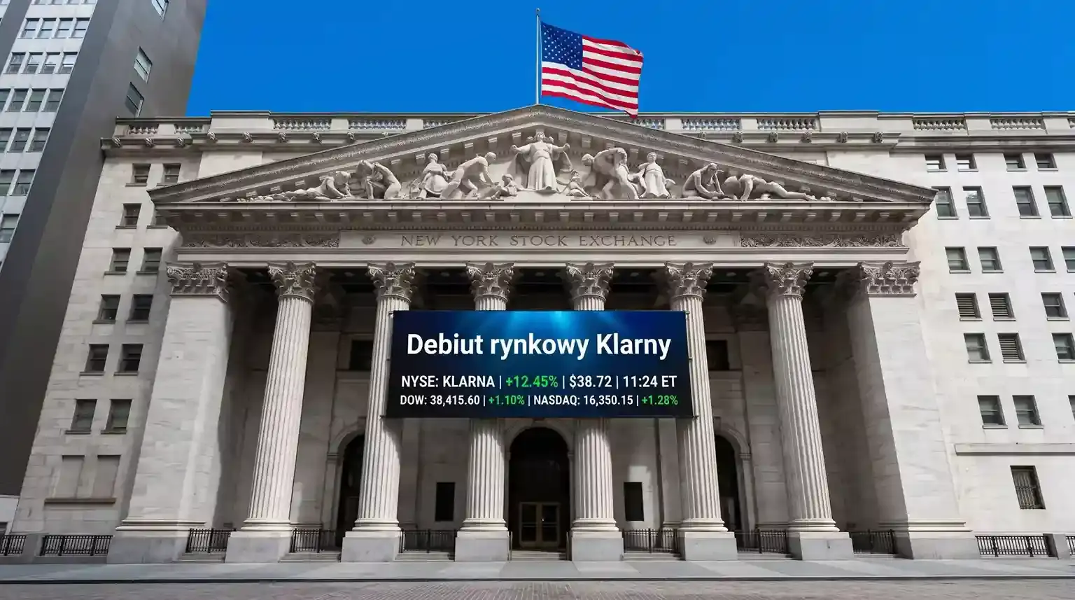 Front budynku New York Stock Exchange z banerem Klarna podczas wrześniowego debiutu