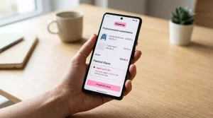 Smartfon z aplikacją Klarna i ekranem opcji zapłaty za 30 dni przy zakupie online