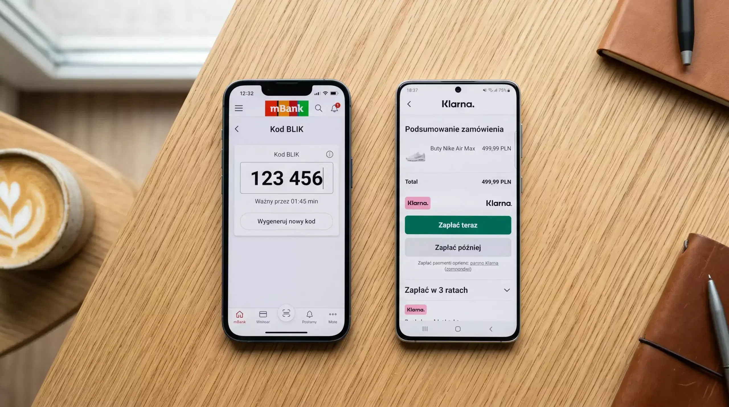 Dwa smartfony obok siebie pokazujące jednoczesny wybór między płatnością BLIK a Klarna