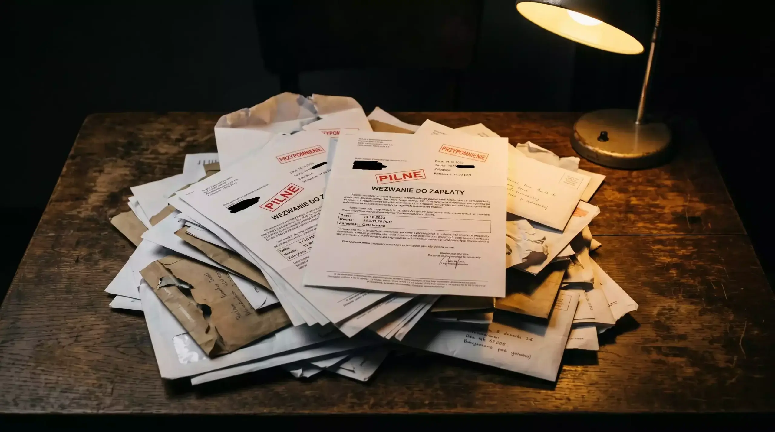 Stos zaległych rachunków i listów windykacyjnych na drewnianym stole w półmroku