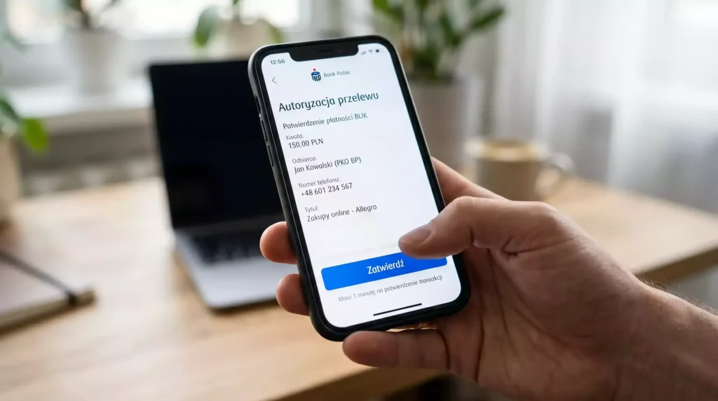 Smartfon z aplikacją bankową i widocznym ekranem szybkiego przelewu Trustly do operatora
