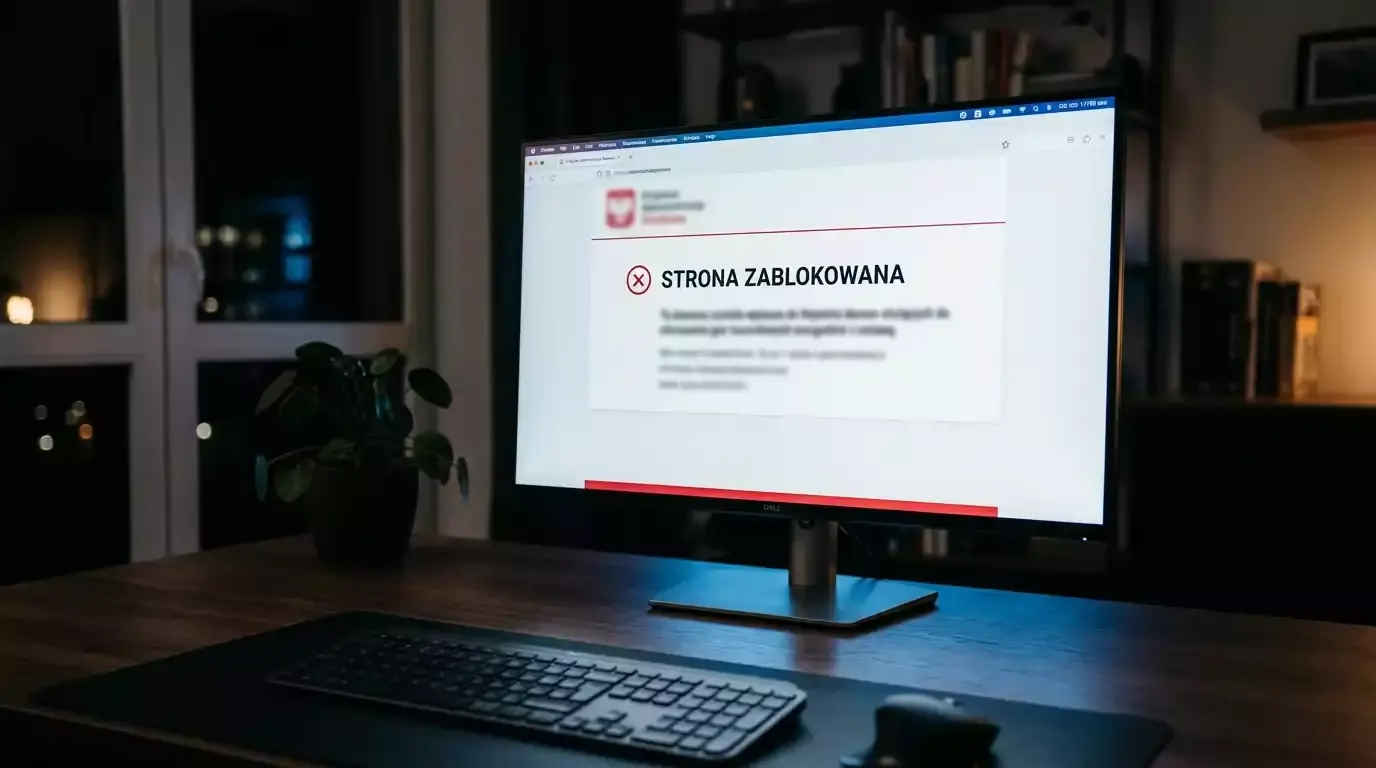 Ekran komputera z komunikatem o zablokowanej domenie nielegalnego operatora hazardu