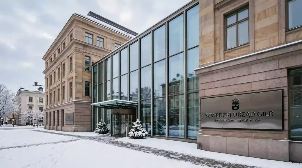 Front siedziby szwedzkiego regulatora hazardowego w centrum Sztokholmu zimą