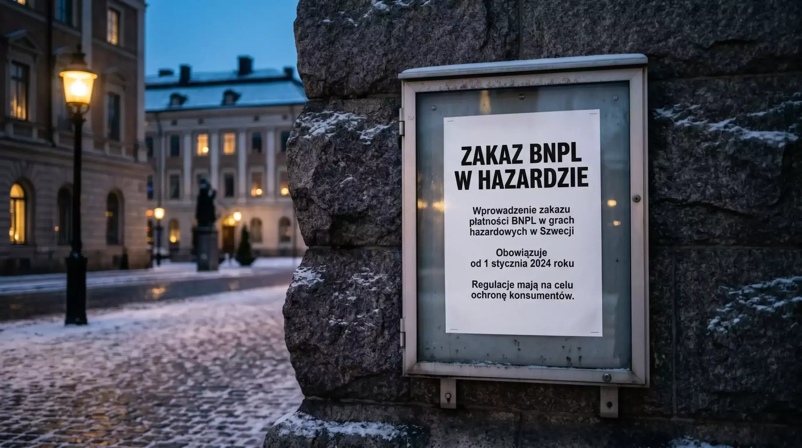 Tablica z napisem zakazu BNPL przed sztokholmskim biurem Spelinspektionen