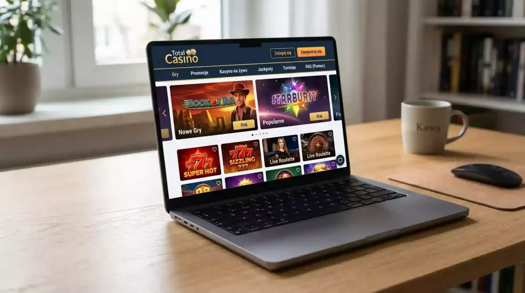 Strona internetowa Total Casino w przeglądarce na laptopie z logo Totalizatora Sportowego