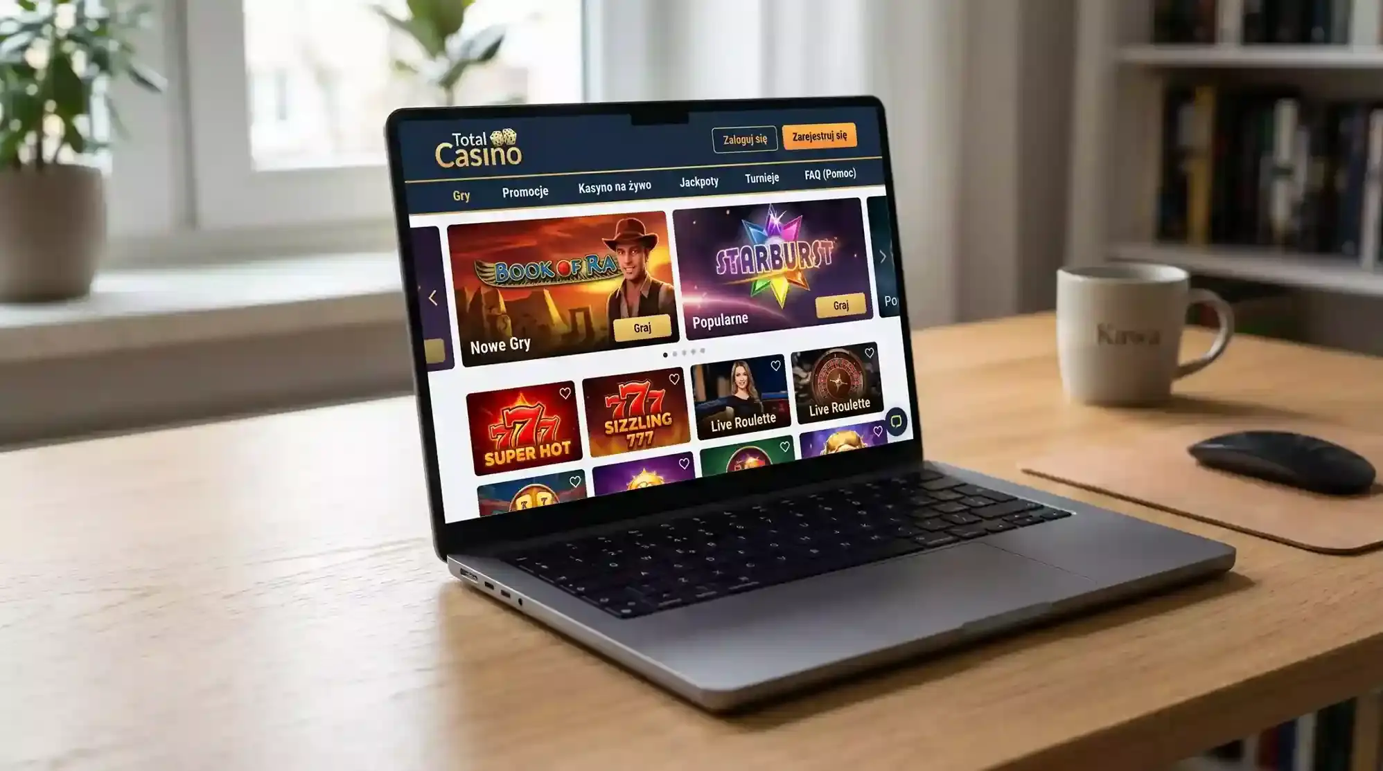 Strona internetowa Total Casino w przeglądarce na laptopie z logo Totalizatora Sportowego